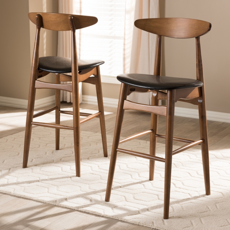 Bar Stool Walnut Finish Upholstered with Curved Wing Backrest