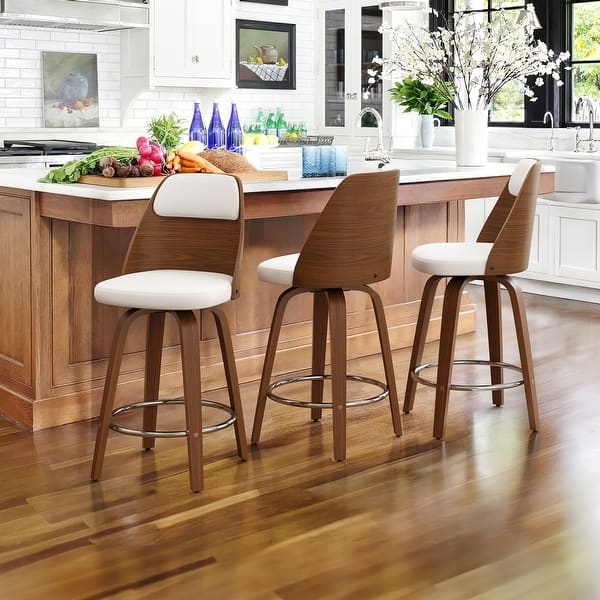 Bar Stool Walnut Frame White Upholstered Insert Curved Back Swivel