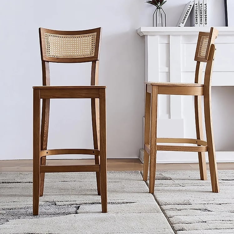 Bar Stool Walnut Frame with Woven Rattan Cane Backrest