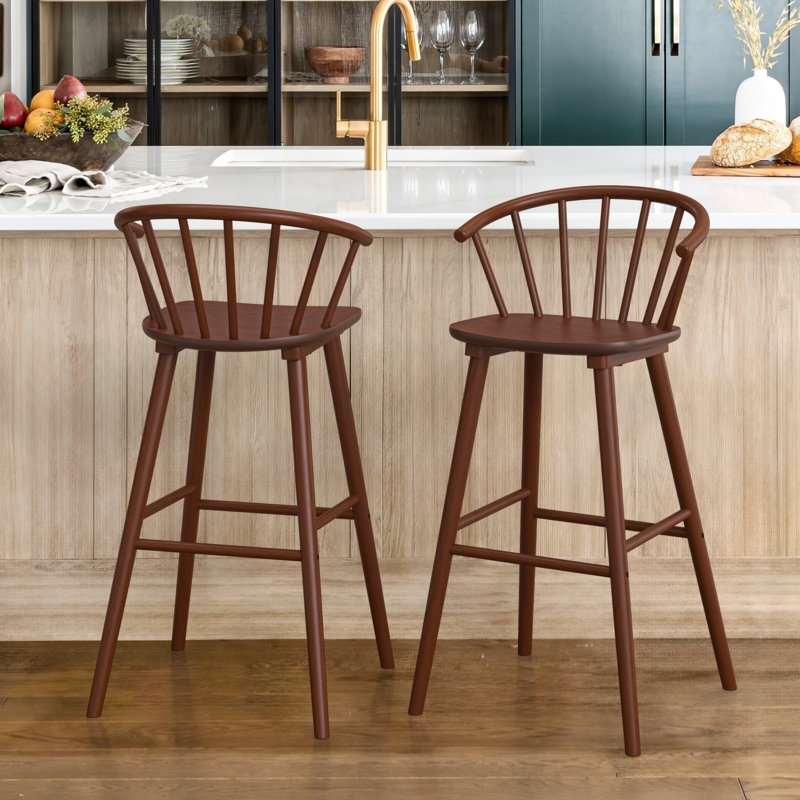 Bar Stool Walnut Spindle Back Swivel Seat Tapered Legs Mid-Century