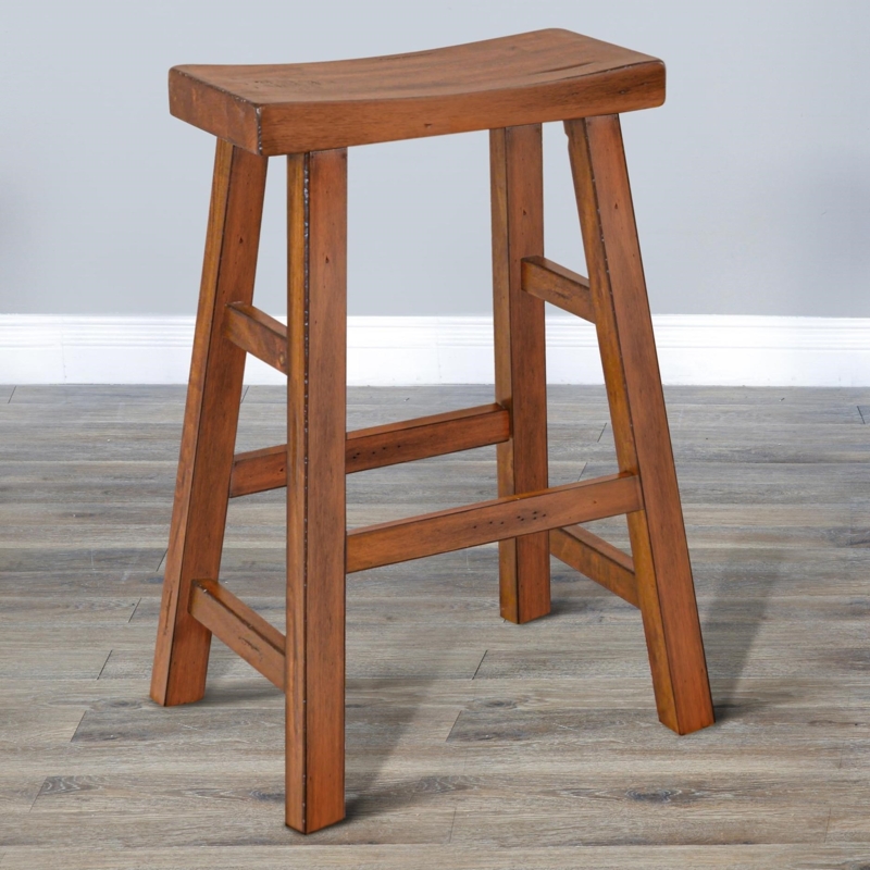 Bar Stool Warm Amber Tone Distressed Finish H-Frame Rustic Stool