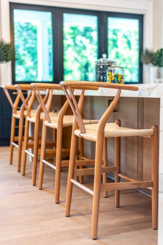 Bar Stool, Warm Honey Wood Y-Back with Woven Cord Seat.