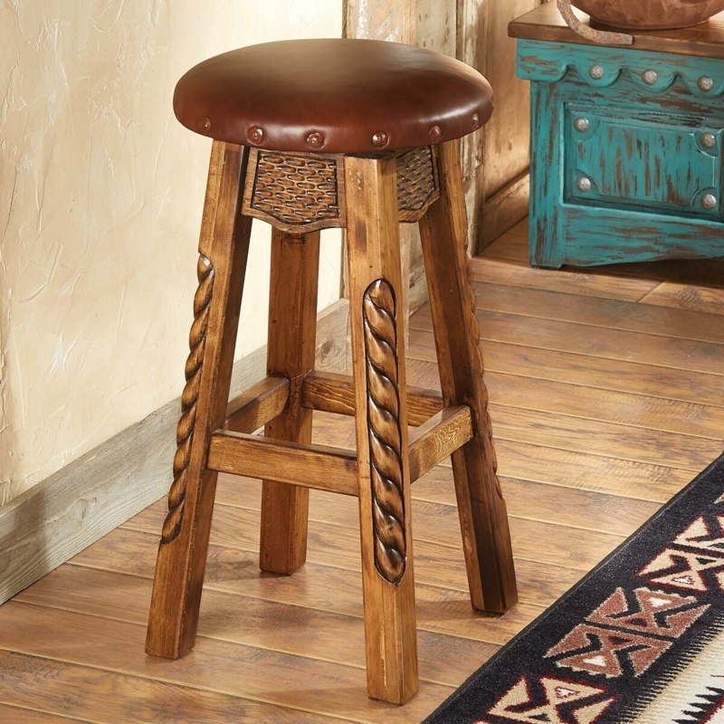 Bar Stool Western Style with Carved Rope Legs and Nailhead Trim