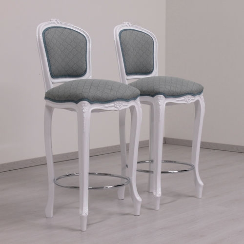 Bar Stool White Carved Frame Diamond Quilted Upholstery Grey Seat