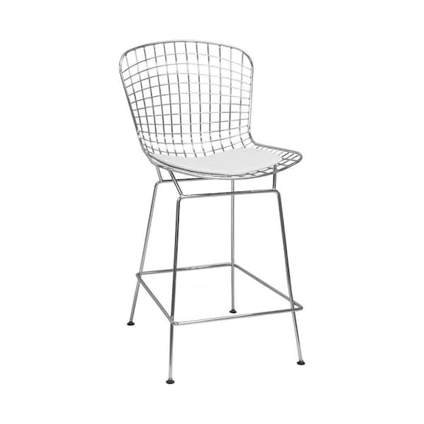 Bar Stool White Seat Pad Polished Chrome Wire Mesh Back Mid Century