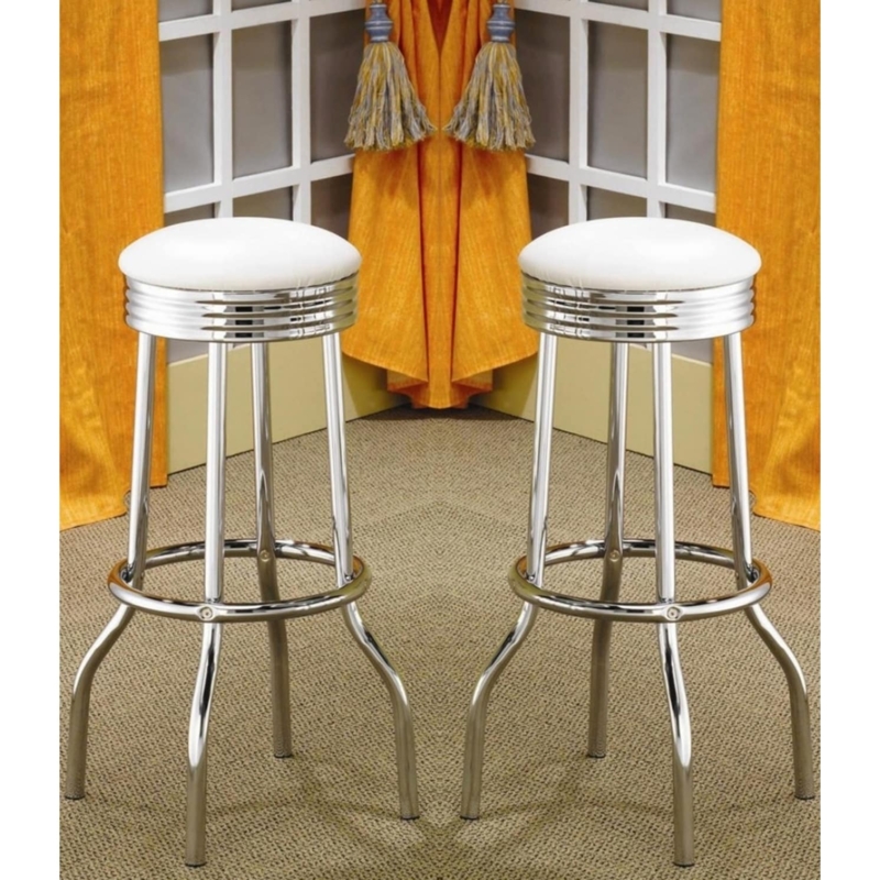 Bar Stool White Swivel Triple Ring Apron Polished Chrome