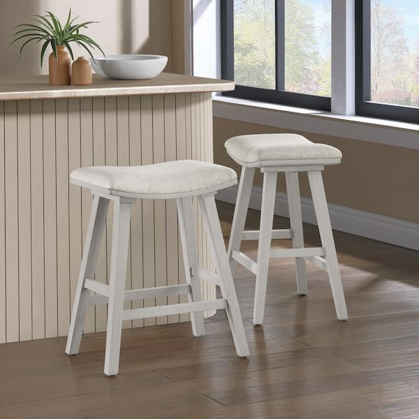 Bar Stool Whitewashed Wood Linen Fabric Backless Coastal Farmhouse