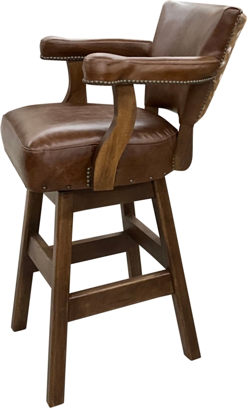 Bar Stool with Cowhide Accent Back, Curved Wooden Arms, Rustic Western