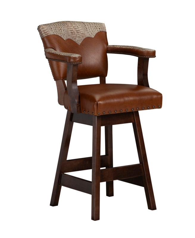 Bar Stool with Crocodile Yoke Accent, Saddle Brown Leather, Swivel Base