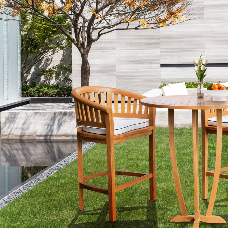 Bar Stool with Curved Slat Back and Piped Cushions for Patio