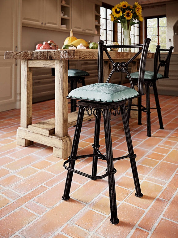 Bar Stool with Knot Backrest, Turquoise Upholstery, and Iron Frame