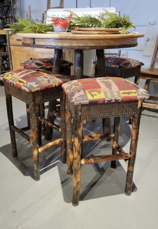 Bar Stool with Lodge Pattern Upholstery and Rustic Branch Legs