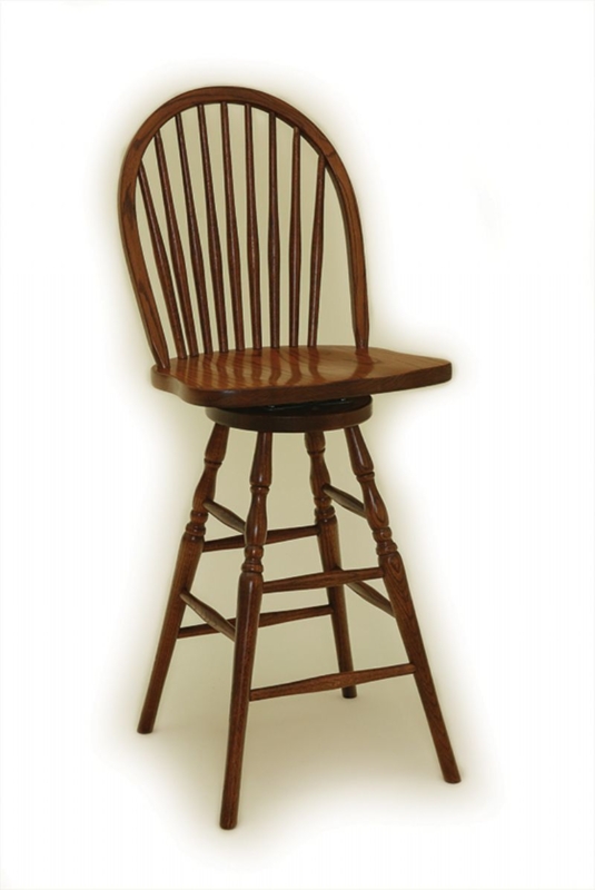 Bar Stool with Nine Spindles and Bow Back, Reddish Brown Wood Stool.