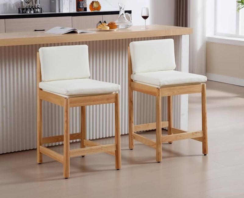 Bar Stool with Padded Backrest in Natural Wood Farmhouse Style