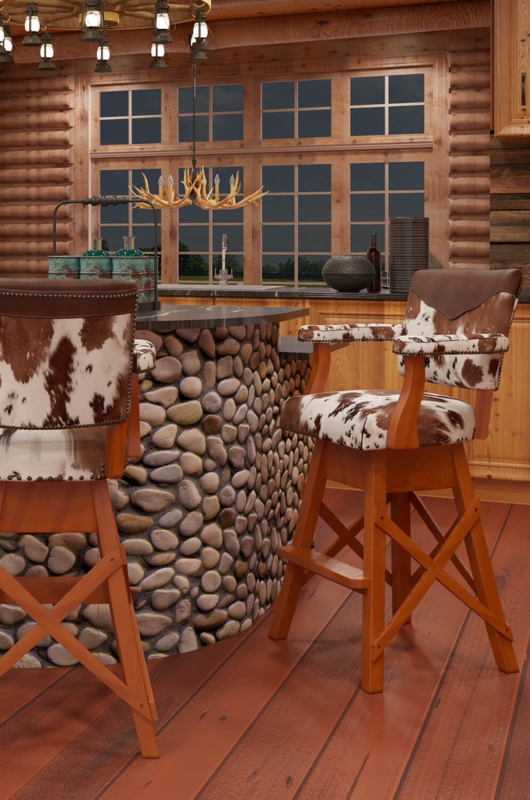 Bar Stool with Scalloped Back Accent, Cowhide Pattern, and X-Brace Legs