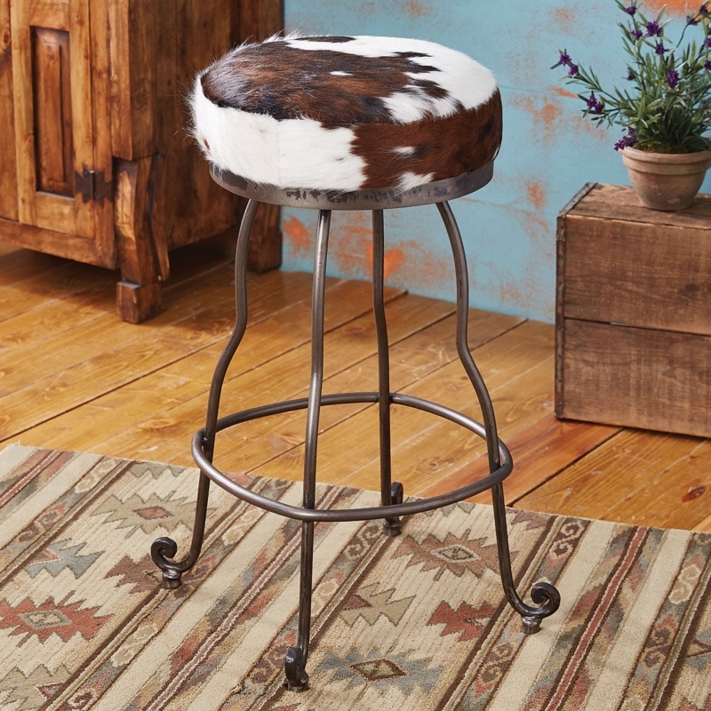 Bar Stool with Scroll Feet, Hair-on-Hide Seat, Rustic Western Style