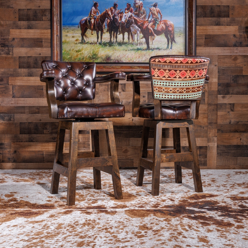 Bar Stool with Southwestern Pattern Back, Tufted Leather, Swivel Base