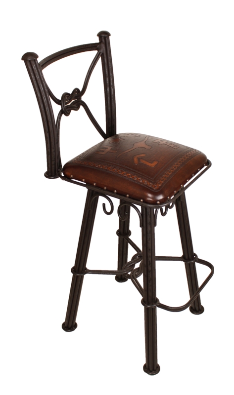 Bar Stool with Steer Brand Pattern Seat and Knotted Iron Frame