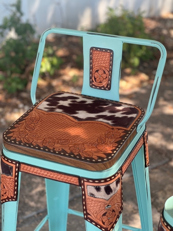 Bar Stool with Turquoise Frame, Cowhide Inlay, and Floral Tooled Leather