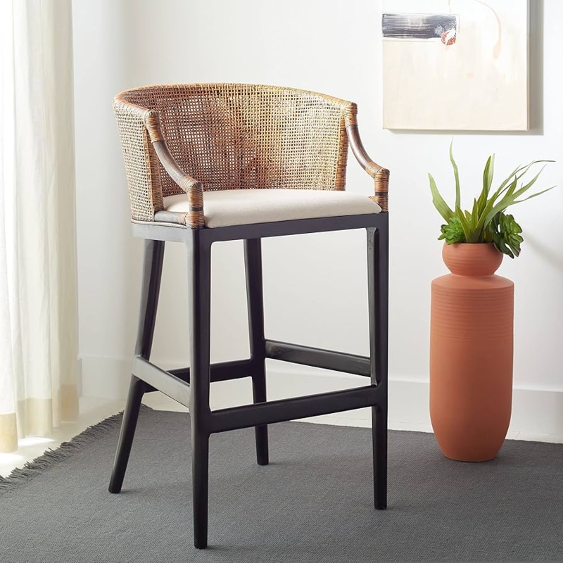 Bar Stool Woven Barrel Back with Matte Black Base and Coastal Vibe