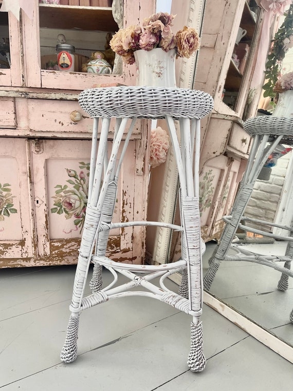 Bar Stool Woven Wicker Texture Whitewashed Distressed Cottage Style