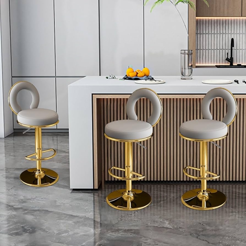 Bar Stools Ring Back Design Gold Pedestal Swivel Gray Upholstery