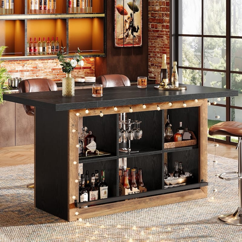 Bar Table Black and Oak Industrial with Six Compartments