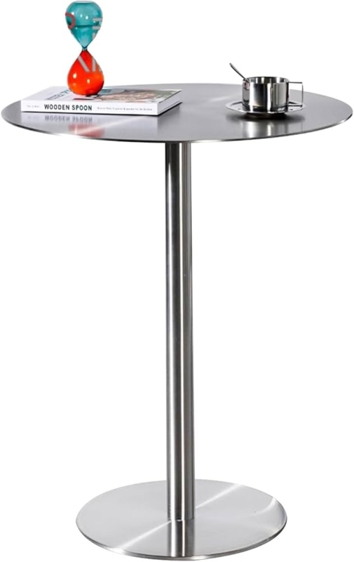 Bar Table: Brushed Metal Pedestal Base, Weather Resistant Round Top