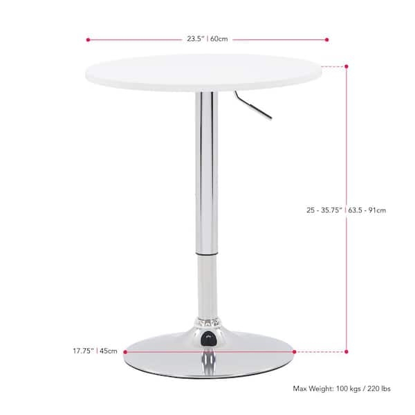 Bar Table Chrome Pedestal Base Adjustable Height White Round Top