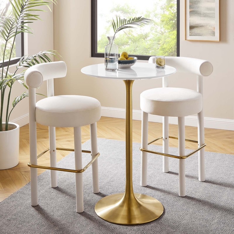 Bar Table Glossy Top Gold Tulip Pedestal Base Glam Style