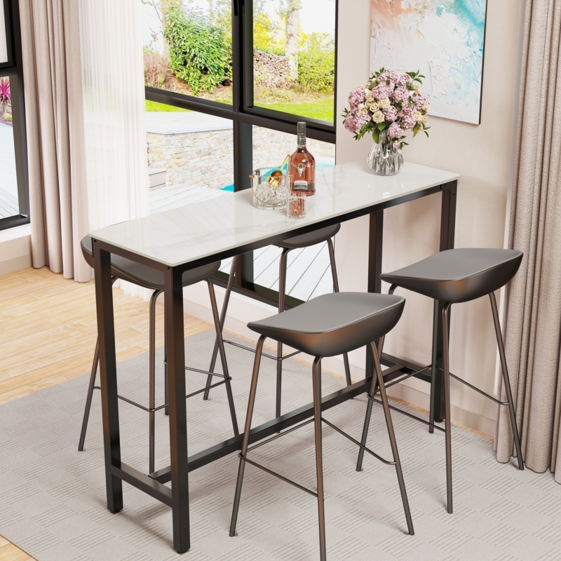 Bar Table Glossy White Top Contoured Scoop Seats Slim Frame