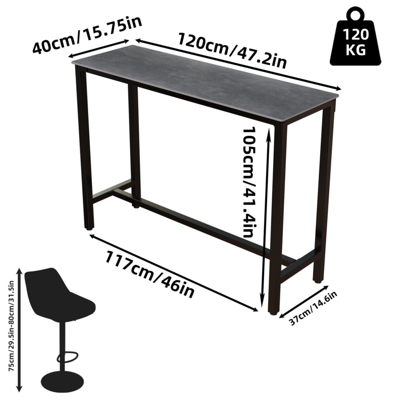 Bar Table Grey Stone Look Countertop Slim Metal Frame Footrest Bar