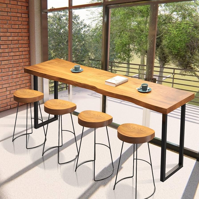 Bar Table: Honey Brown Live Edge Detail with Backless Stools.