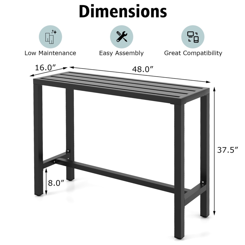 Bar Table Outdoor Metal Slatted Top Slim 16 Inch Depth Matte Black Patio