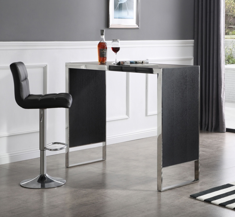 Bar Table: Polished Chrome Frame with Black Wood Grain and Open Base