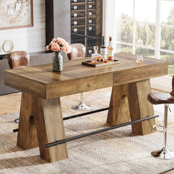 Bar Table Rustic Walnut with Angled Trestle Legs Storage Apron