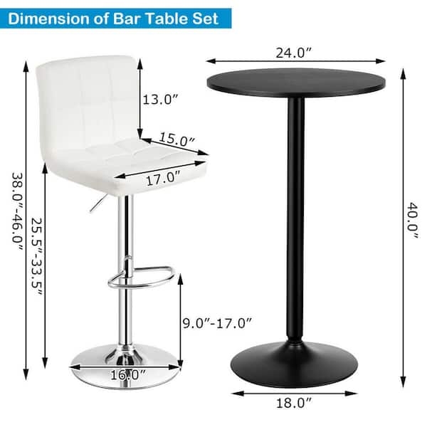 Bar Table Set Adjustable White Tufted Seat Matte Black Base Round