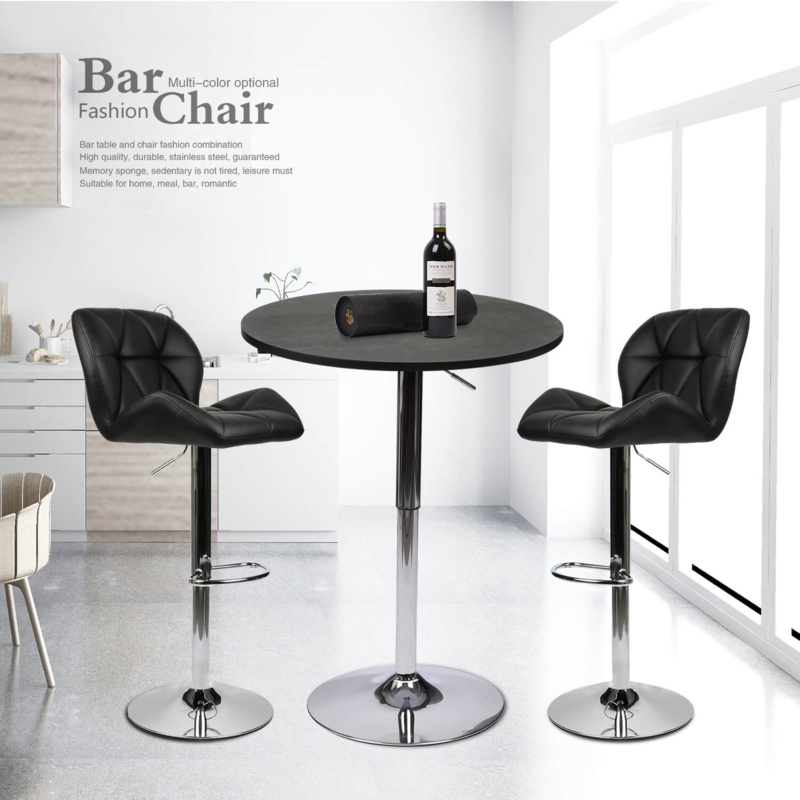 Bar Table Set: Diamond Quilted Black Stools, Modern Chrome Pedestal.