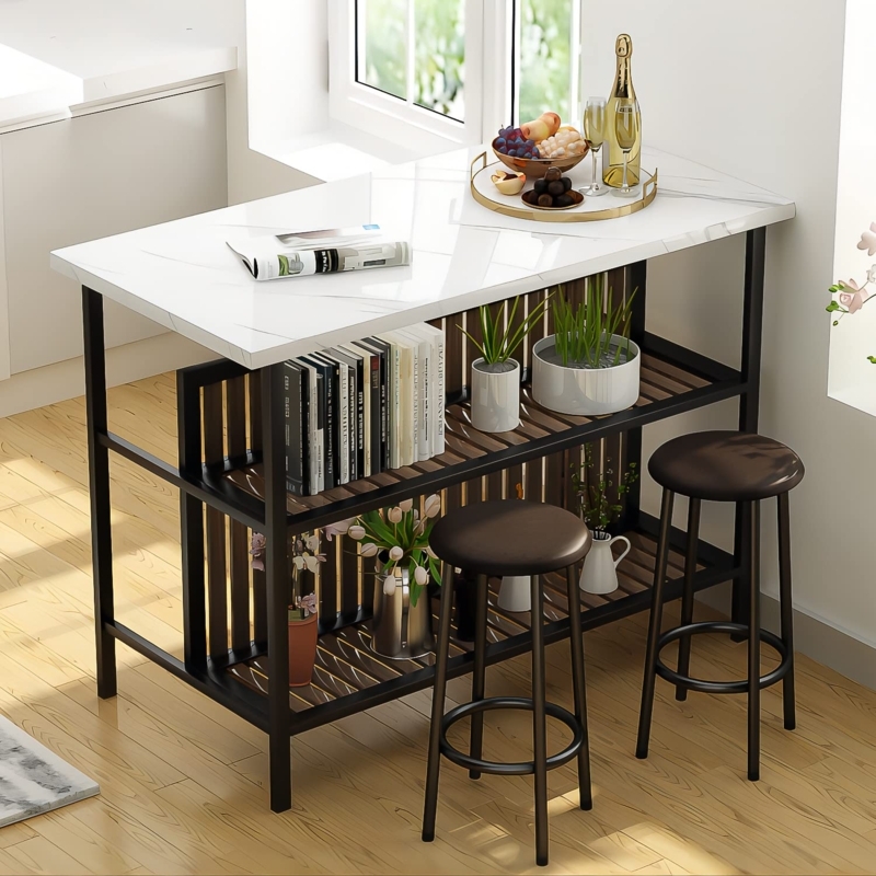 Bar Table Set Faux Marble Top Slatted Back Shelves