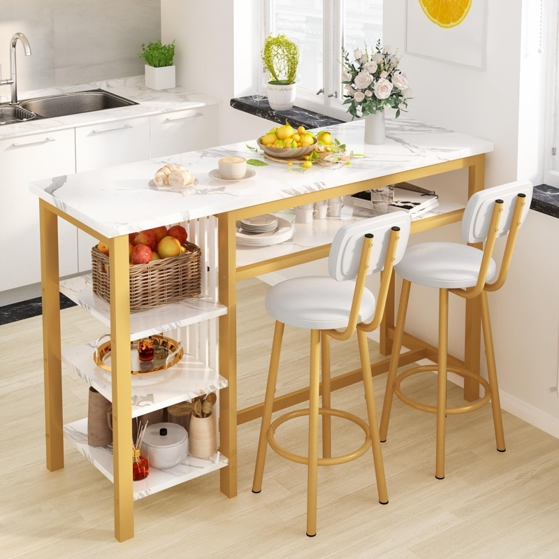 Bar Table Set Gold Glam Faux Marble with Side Storage Shelves