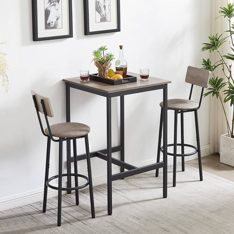 Bar Table Set: Grey Upholstered, Curved Backrest Small Space Bistro.
