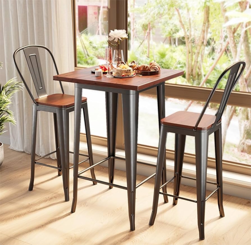 Bar Table Set: Gunmetal Metal Frame, Tapered Legs Small Space Nook.