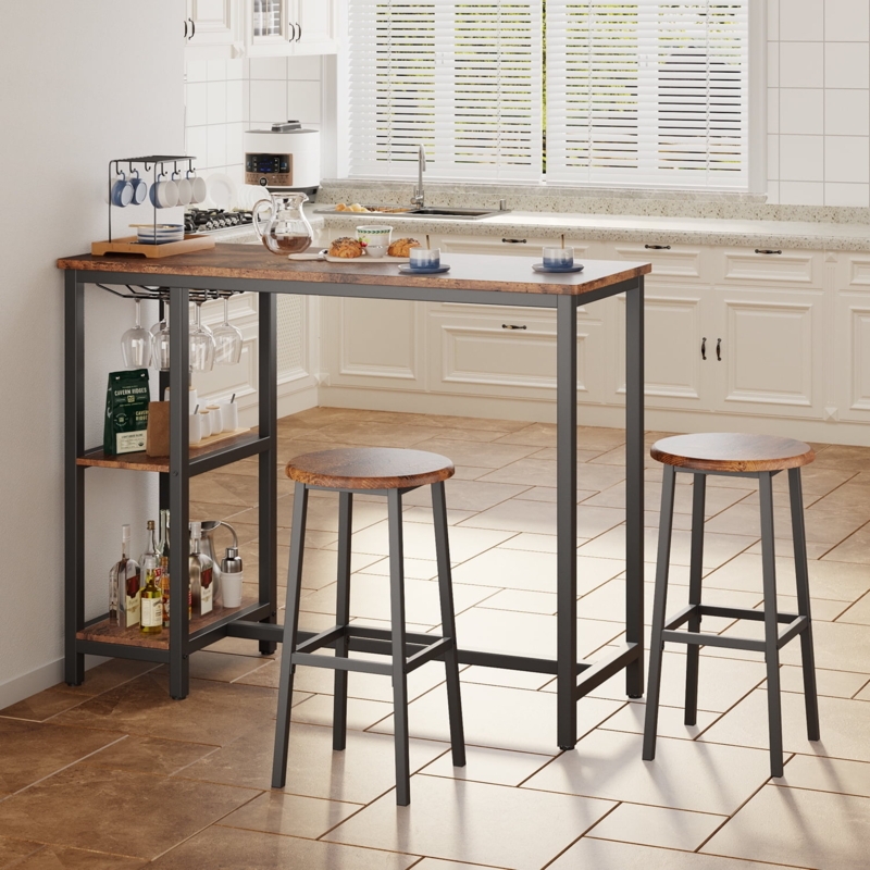 Bar Table Set, Industrial 3-Piece with Hanging Glass Rack and Shelving
