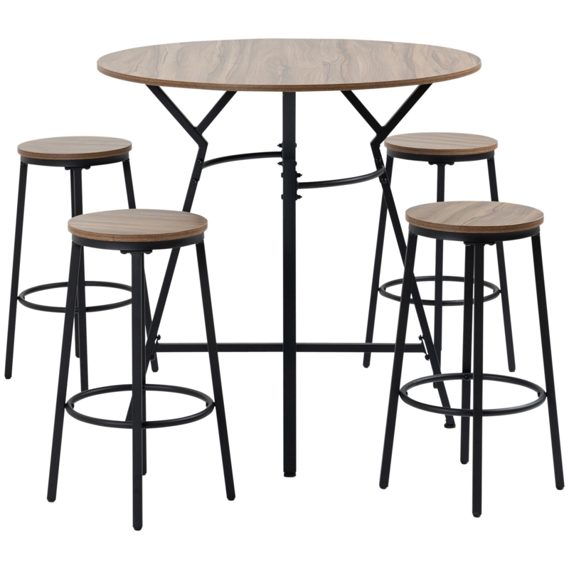 Bar Table Set, Industrial 5-Piece Round Table with Wood Grain Texture