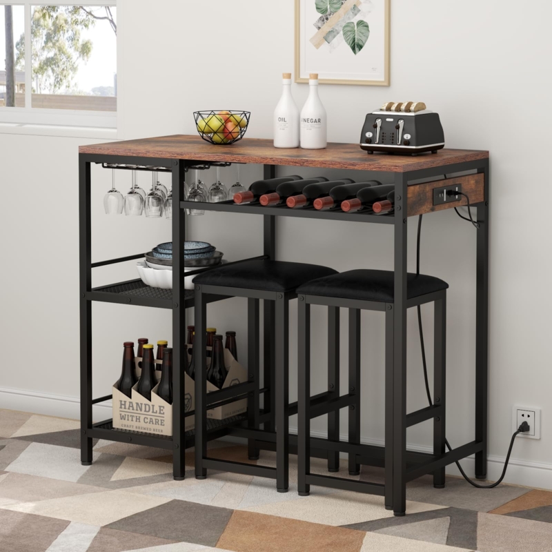 Bar Table Set Industrial with Integrated Power Outlet