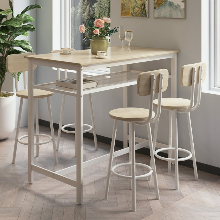 Bar Table Set Integrated Mesh Shelf Blonde Wood Tones Metal Frame