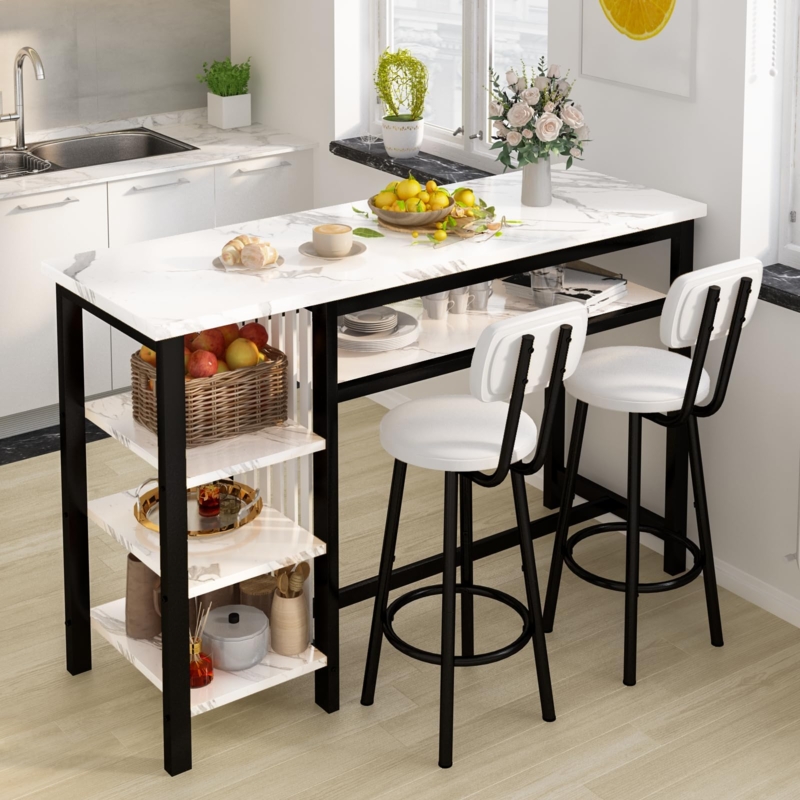 Bar Table Set Matte Black Frame Three Tier Storage Faux Marble Top