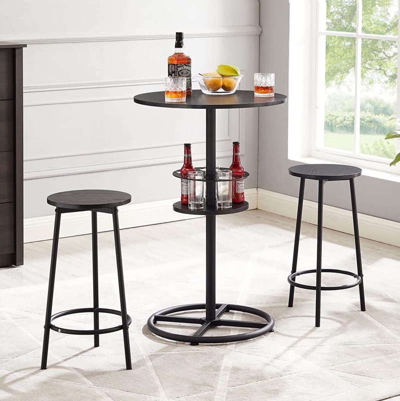 Bar Table Set Matte Black Round Two-Tier Integrated Bottle Rack