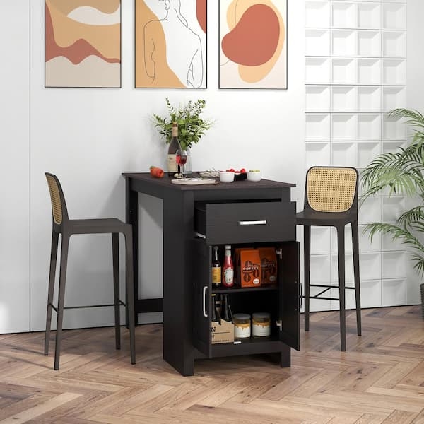 Bar Table Set Matte Black with Rattan Back Stools