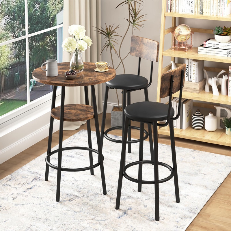 Bar Table Set Mixed Material 2 Tier Table Distressed Finish